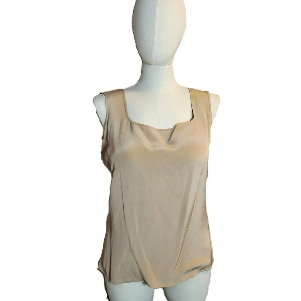 Elana Tanner 100% Silk Sleeveless Blouse Tan Size 16 Scoop Neck Solid Top - Picture 4 of 4